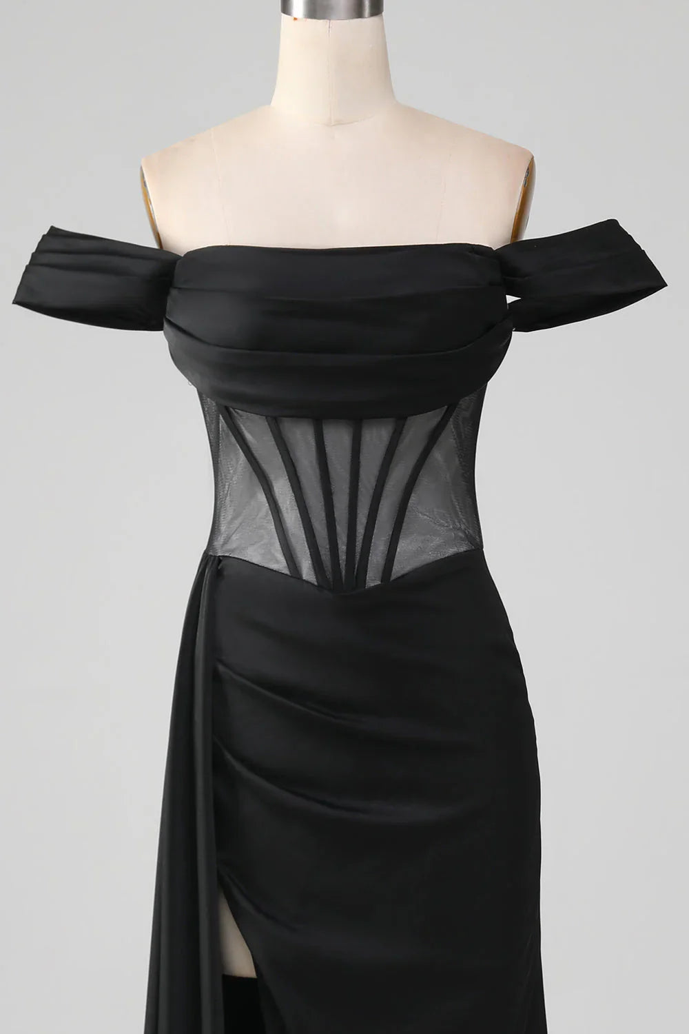 omberprom Black Off the Shoulder Evening Dress Corset Satin Mermaid Prom Dress with Slit