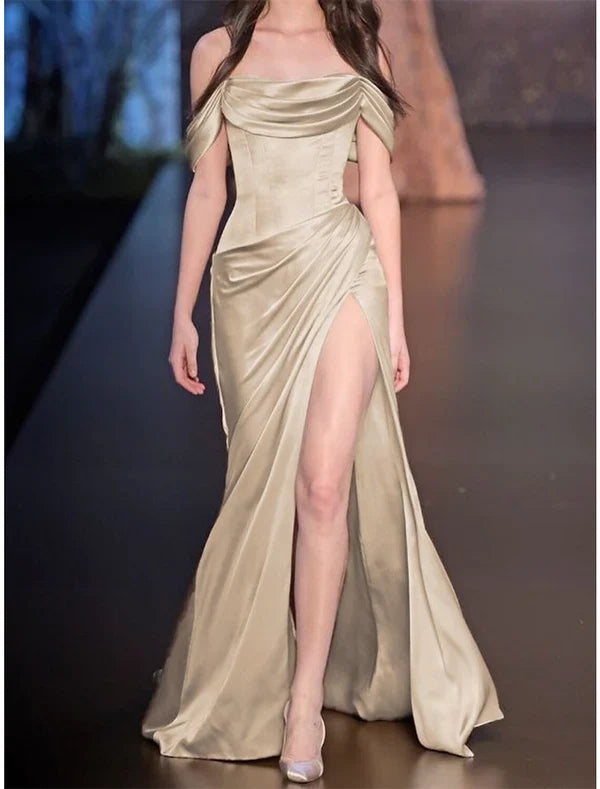 Off The Shoulder Bodycon Satin Prom Dresses With Slit