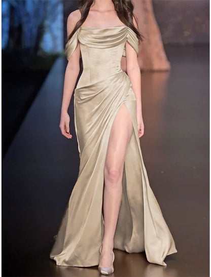 Off The Shoulder Bodycon Satin Prom Dresses With Slit