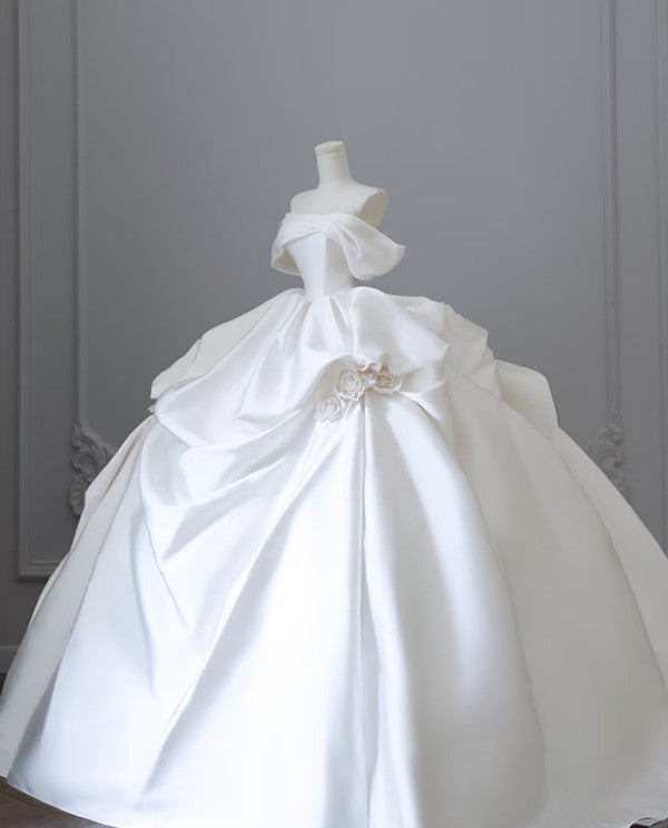 Unique Ball Gowns Strapless Off The Shoulder Satin Long Wedding Dress Brides Dresses