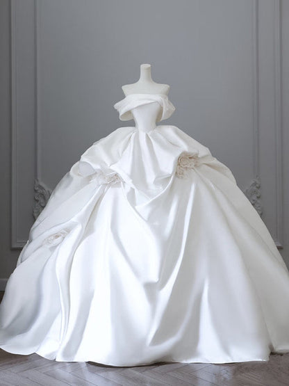 Unique Ball Gowns Strapless Off The Shoulder Satin Long Wedding Dress Brides Dresses