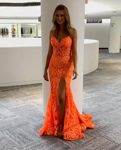 Orange Fashion Unique V-Neck Dress Long Lace Mermaid Slim Fit Slit Ball Gowns Prom Dresses
