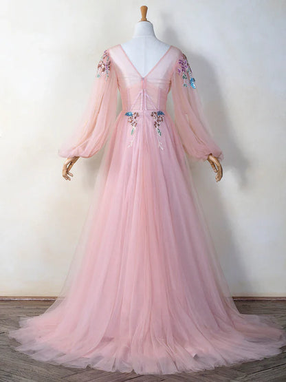 omberprom Elegant V-neck Evening Dress Embroidery Sequin Floor Length Tulle Prom Dress