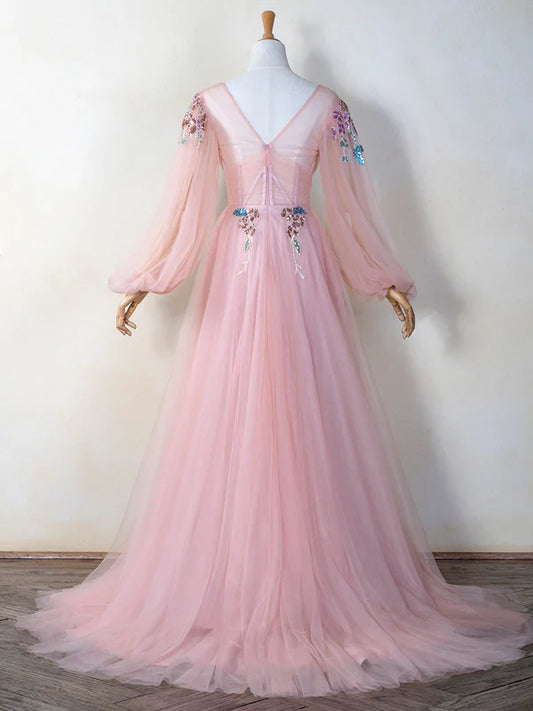 omberprom Elegant V-neck Evening Dress Embroidery Sequin Floor Length Tulle Prom Dress