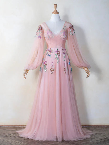 omberprom Elegant V-neck Evening Dress Embroidery Sequin Floor Length Tulle Prom Dress