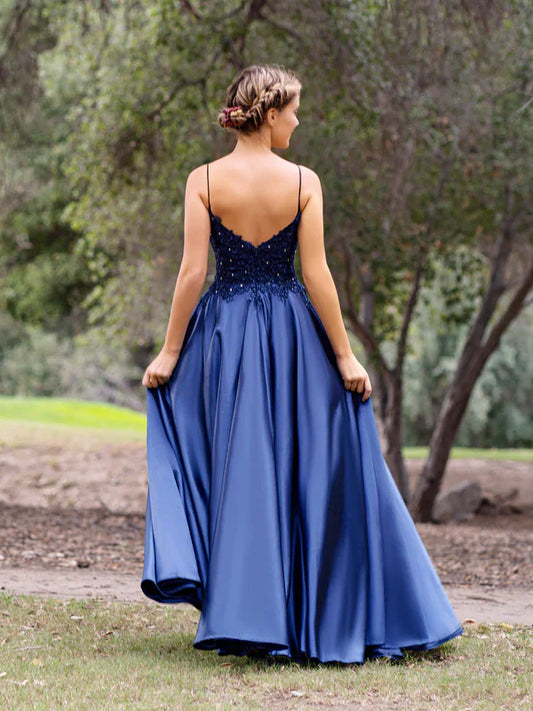 omberprom V-Neck Lace Prom Dresses Stain A-Line Floor-length Evening Dress