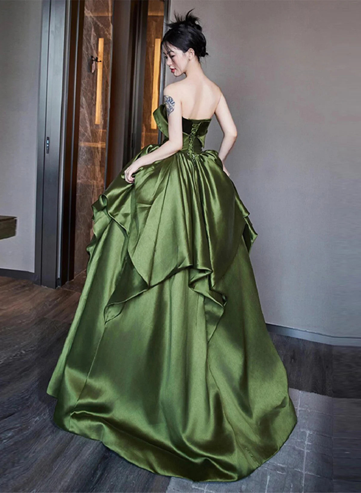 Green Sweetheart Satin Long Party Dress Evening Dress, Green Satin Prom Dress