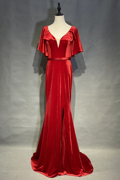 Velvet Red Evening Dresses with Ruffles Sleeves
