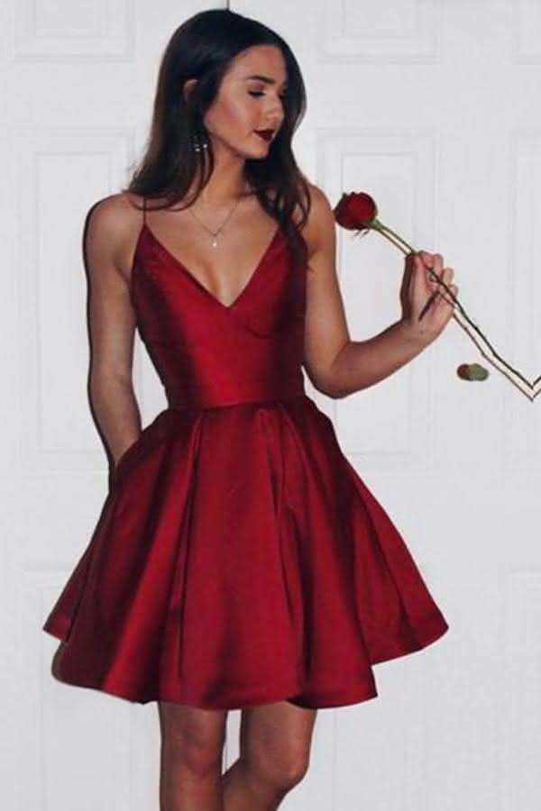 PM111,Burgundy Short Cute Simple Spaghetti Straps Homecoming Dress