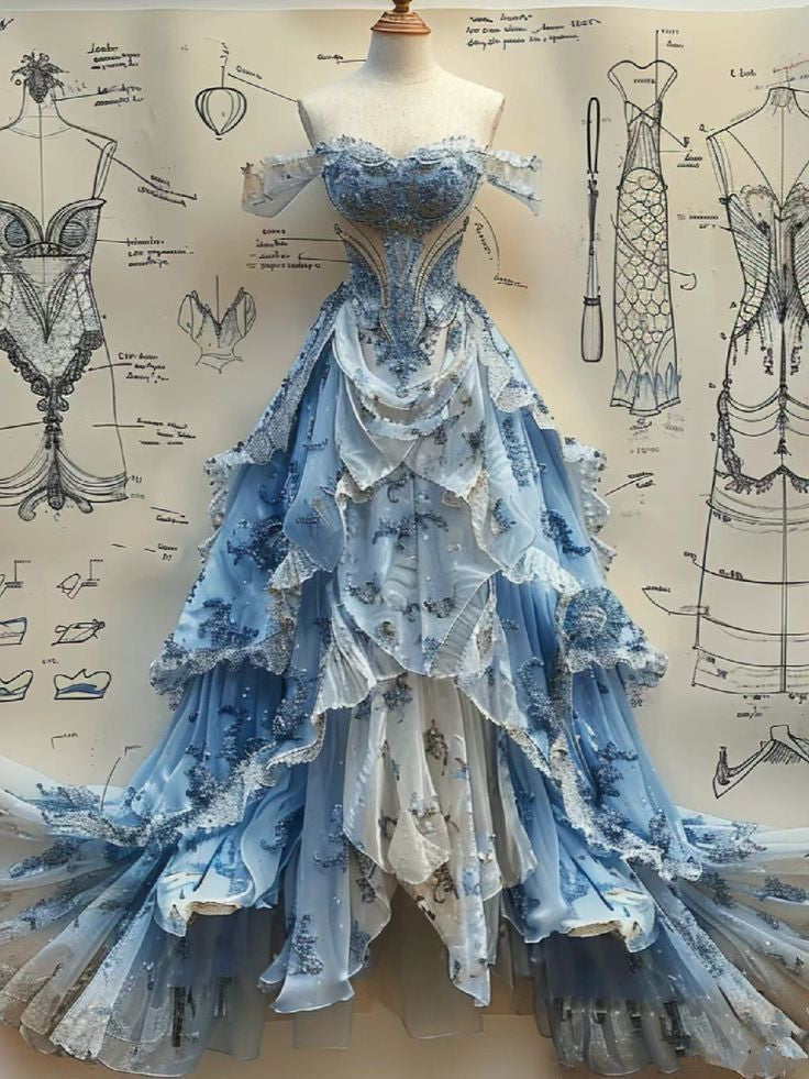 Vintage Ball Gowns Strapless Off The Shoulder Blue Lace Prom Dress