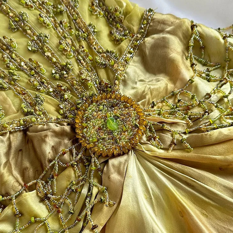 Vintage Gold Spaghetti Strap Silk Sheath Prom Dresses Beaded Prom Gown With Scarf