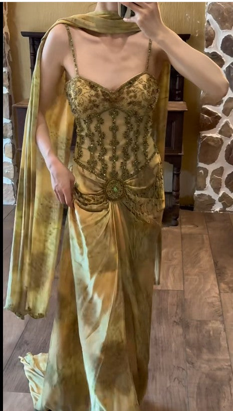 Vintage Gold Spaghetti Strap Silk Sheath Prom Dresses Beaded Prom Gown With Scarf