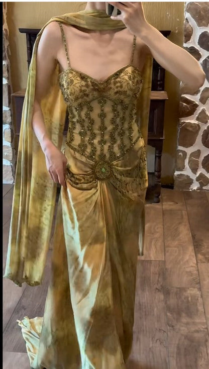 Vintage Gold Spaghetti Strap Silk Sheath Prom Dresses Beaded Prom Gown With Scarf