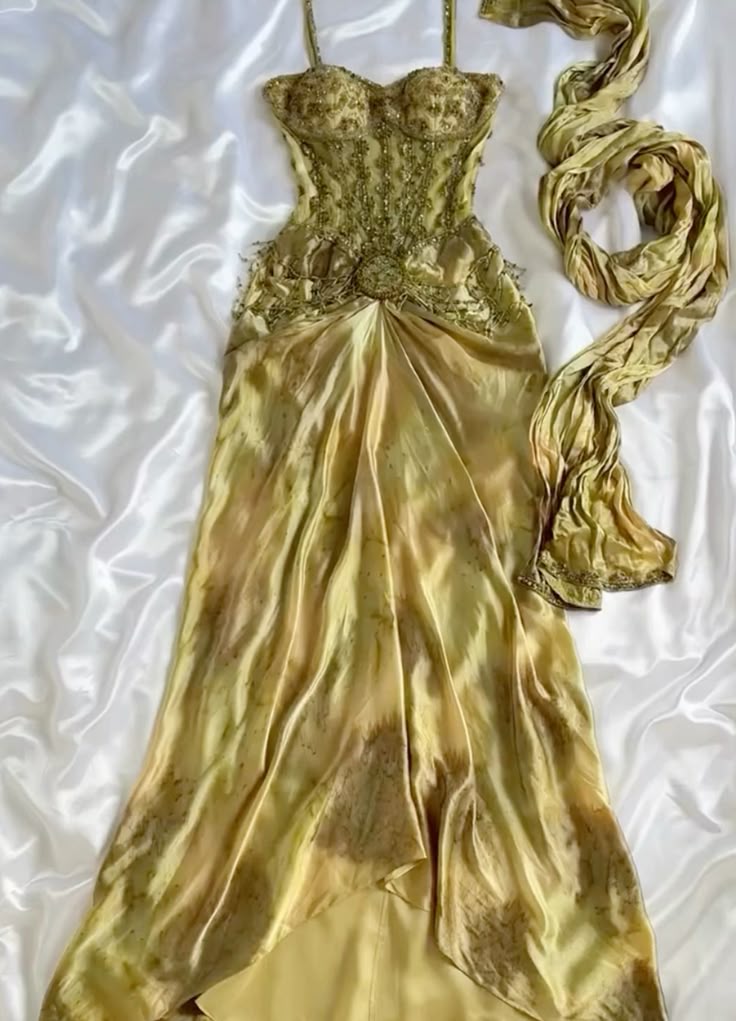 Vintage Gold Spaghetti Strap Silk Sheath Prom Dresses Beaded Prom Gown With Scarf
