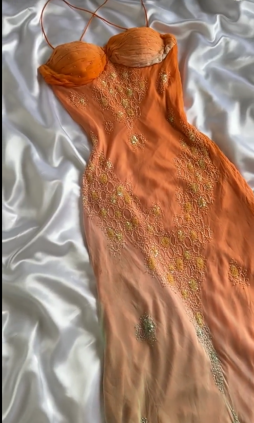 Vintage Gradient Orange Spaghetti Straps Chiffon Lace Sheath Prom Dress Elegant Prom Dresses Gown