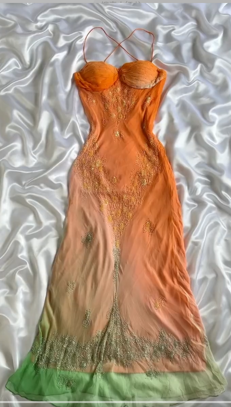 Vintage Gradient Orange Spaghetti Straps Chiffon Lace Sheath Prom Dress Elegant Prom Dresses Gown