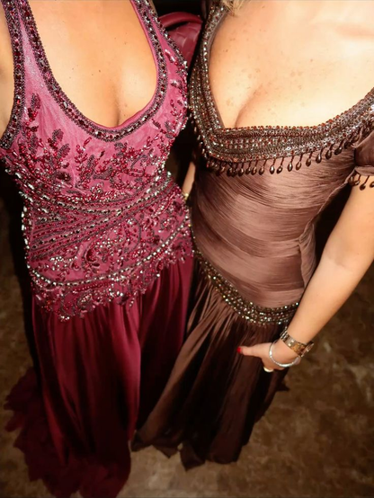 Vintage V Neck Brown Chiffon Beaded Mermaid Prom Dresses Long Prom Gown