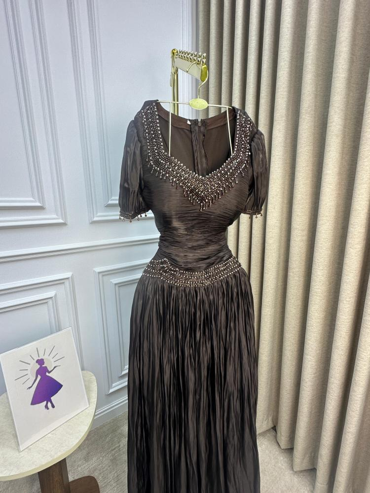 Vintage V Neck Brown Chiffon Beaded Mermaid Prom Dresses Long Prom Gown