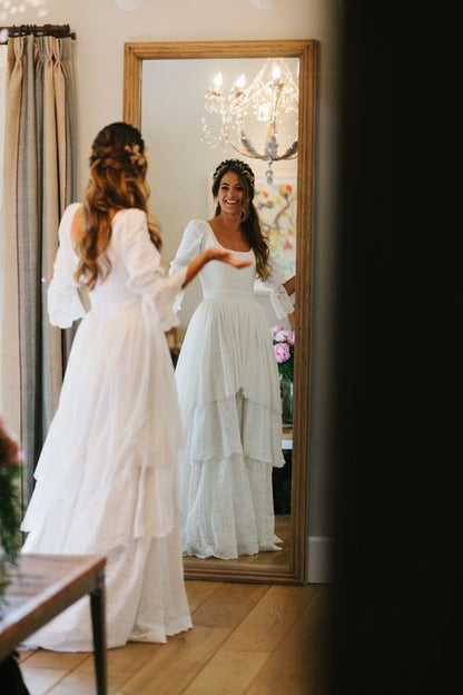 Vintage White Lace Wedding Gowns, Ruffle Bridal Dresses