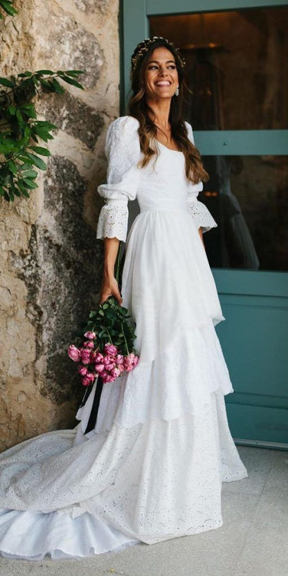 Vintage White Lace Wedding Gowns, Ruffle Bridal Dresses