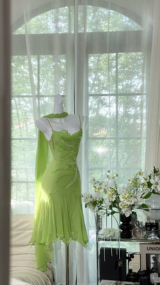 Chic Green Sequin Spaghetti Strap A-line Chiffon Party Dresses Homecoming Dresses, TP3780