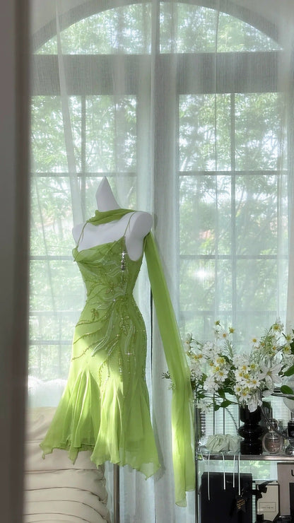 Chic Green Sequin Spaghetti Strap A-line Chiffon Party Dresses Homecoming Dresses, TP3780