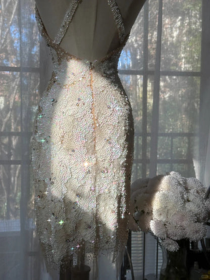 Vintage Beige Sequin Beading Appliques Spaghetti Strap A-line V-neck Party Dresses Homecoming Dresses, TP3782