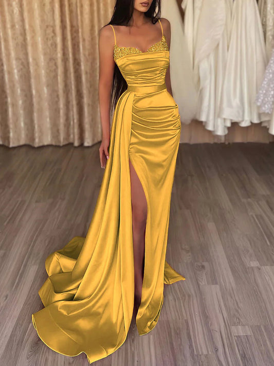 Spaghetti Straps Red Satin Long Prom Dresses