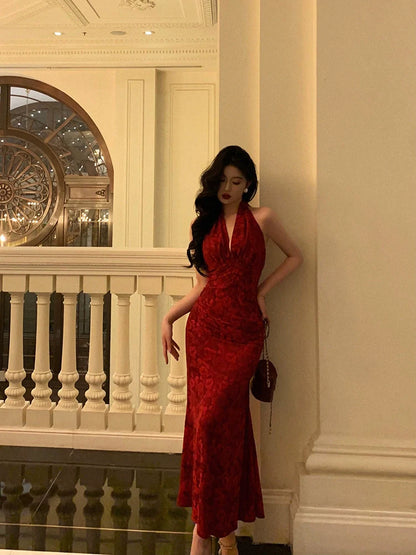Red printed halter neck dress party dress    S5521