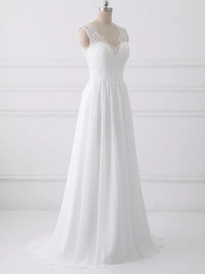 omberprom Elegant A-line Sleeveless Sweep Train Wedding Dresses With Bow Romantic Bridal Gown