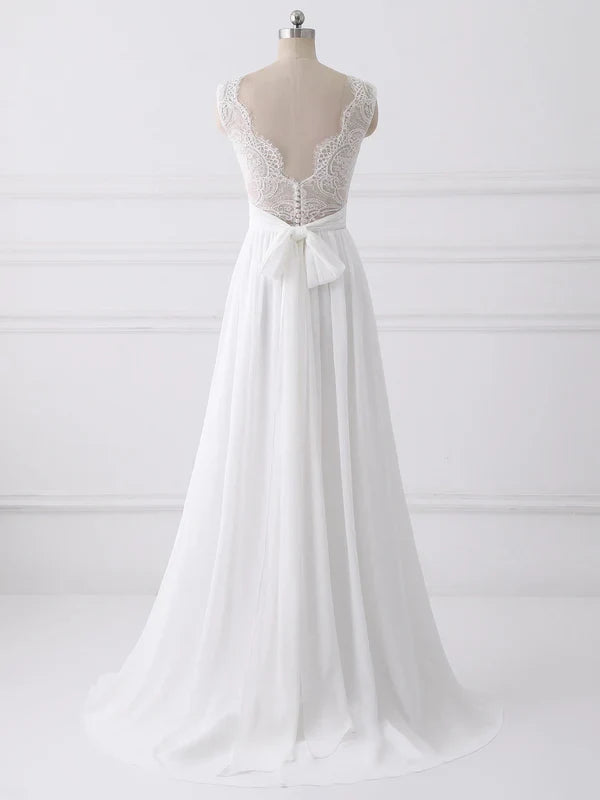 omberprom Elegant A-line Sleeveless Sweep Train Wedding Dresses With Bow Romantic Bridal Gown