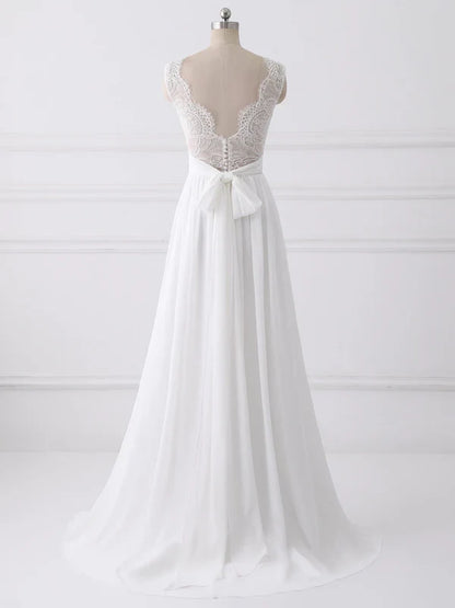 omberprom Elegant A-line Sleeveless Sweep Train Wedding Dresses With Bow Romantic Bridal Gown