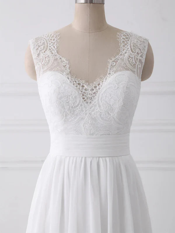 omberprom Elegant A-line Sleeveless Sweep Train Wedding Dresses With Bow Romantic Bridal Gown