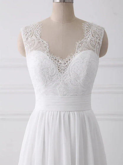 omberprom Elegant A-line Sleeveless Sweep Train Wedding Dresses With Bow Romantic Bridal Gown
