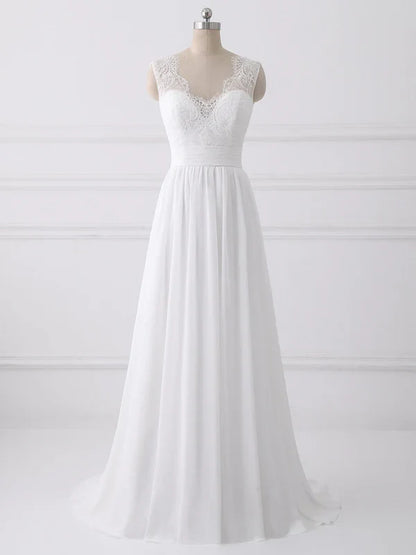 omberprom Elegant A-line Sleeveless Sweep Train Wedding Dresses With Bow Romantic Bridal Gown