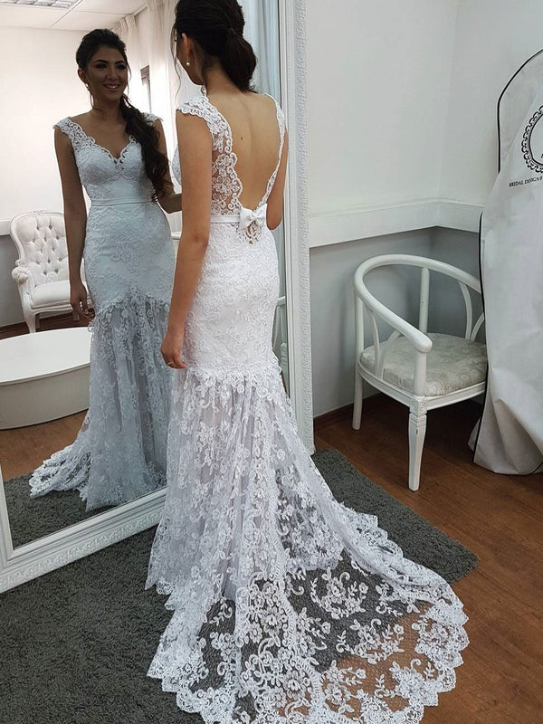 Trumpet/Mermaid Sweetheart Lace Appliqued Long Wedding Dresses With Bow Wholesale