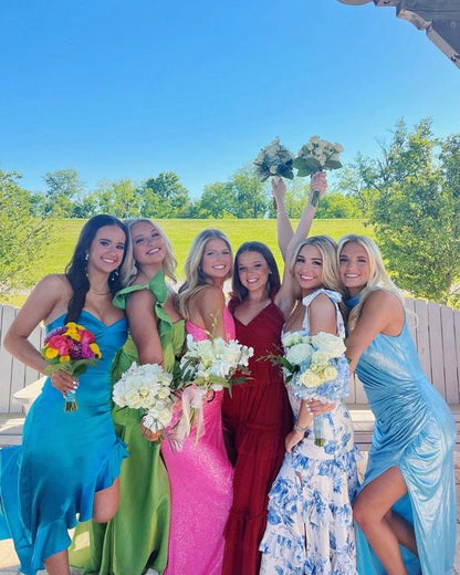 White Blue Floral A-Line Prom Dresses Long Prom Gowns