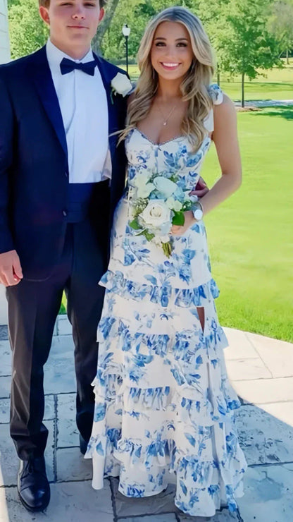 White Blue Floral A-Line Prom Dresses Long Prom Gowns