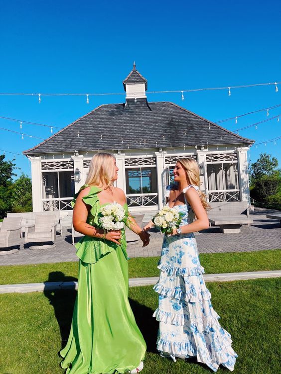 White Blue Floral A-Line Prom Dresses Long Prom Gowns