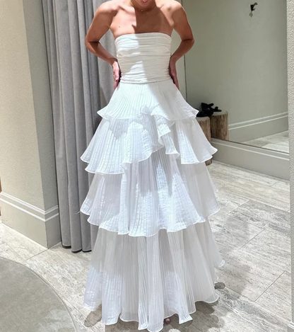 White Multi-Layer Prom Dresses Long White Prom Gowns