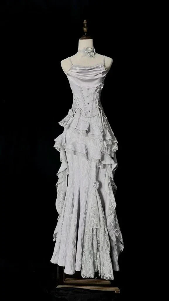 Silver Grey Retro Fashion Elegant Long/Short Lace Homecoming Dress Prom Dress Evening Gown,AST2286