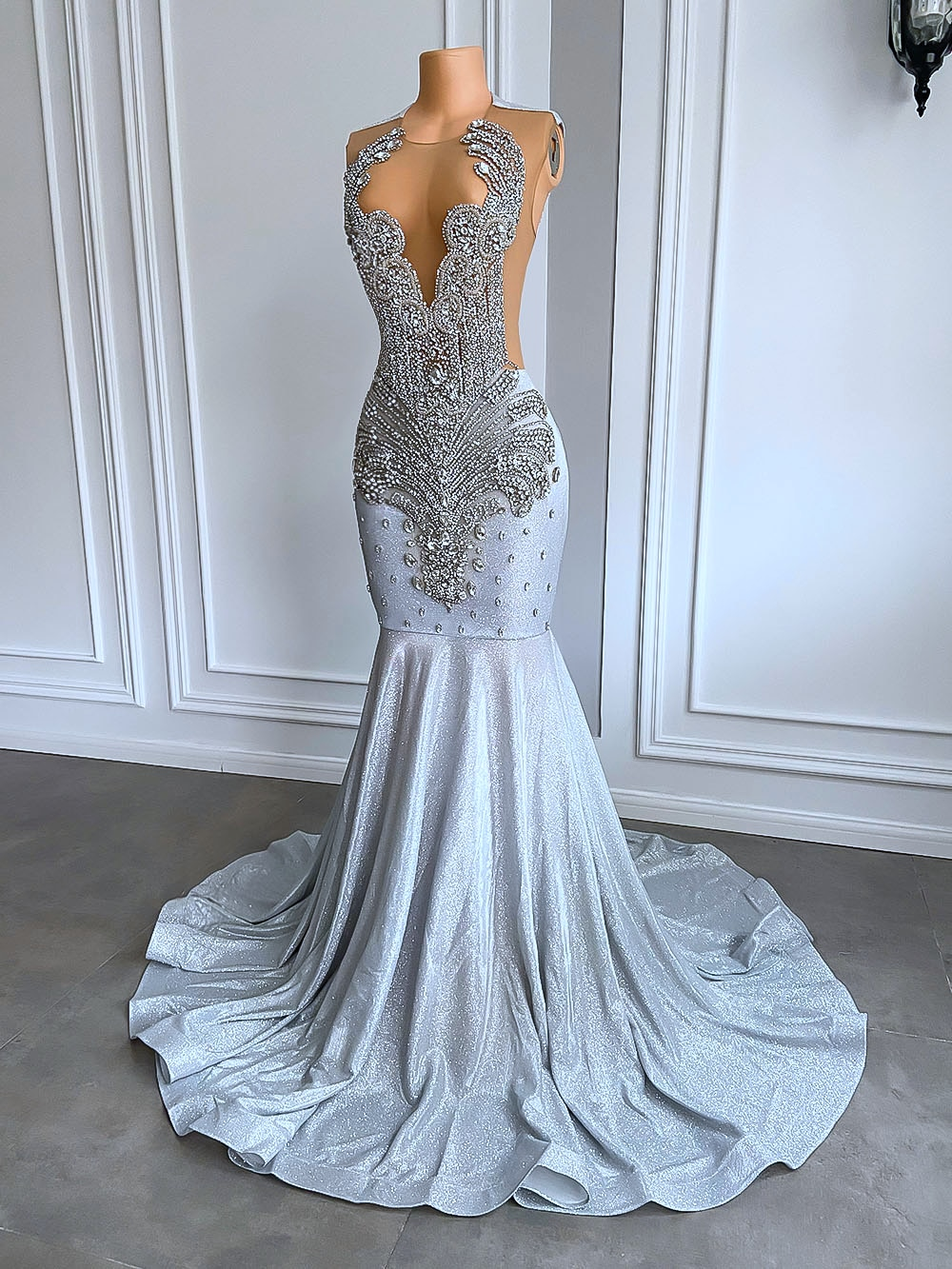 Women Silver Long Mermaid Prom Dresses Sexy Sheer Mesh Luxury Sparkly Handmade Diamond Black Girl Prom Gala Gown