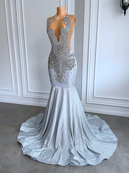 Women Silver Long Mermaid Prom Dresses Sexy Sheer Mesh Luxury Sparkly Handmade Diamond Black Girl Prom Gala Gown