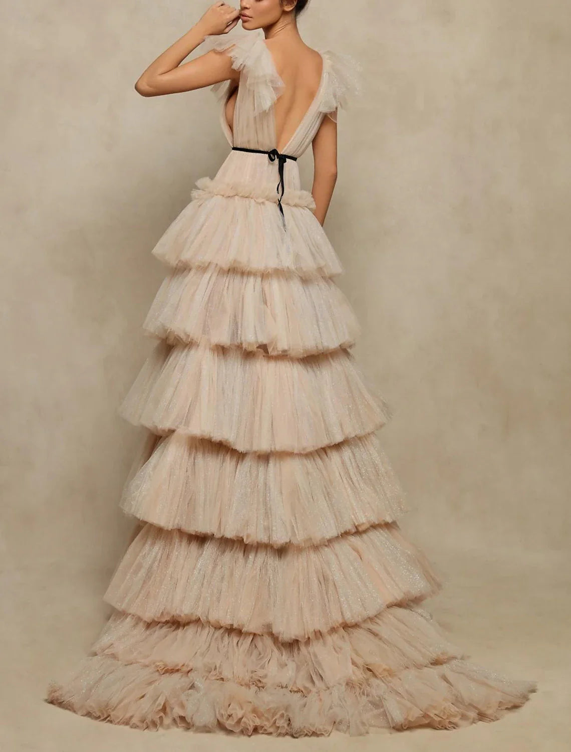 omberprom A-Line Prom Dresses Elegant Dress Prom Sweep / Brush Train Sleeveless V Neck Tulle V Back with Ruffles