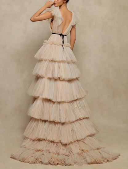 omberprom A-Line Prom Dresses Elegant Dress Prom Sweep / Brush Train Sleeveless V Neck Tulle V Back with Ruffles