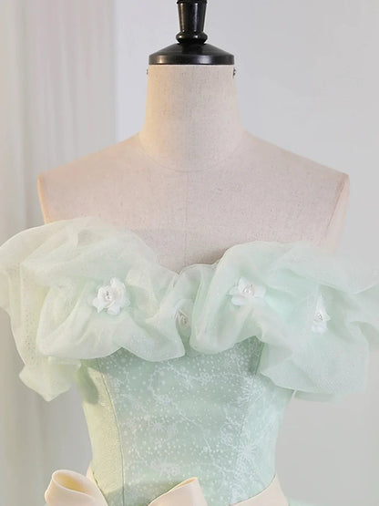 Beautiful Sage Green Tulle Floor Length Prom Dresses, A-Line Off the Shoulder Evening Part Dresses TP182