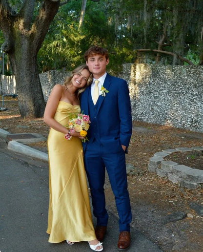 omberprom Elegant Yellow Mermaid Spaghetti Straps Long Prom Dress Simple Evening Party Dress Formal Dress With Slit
