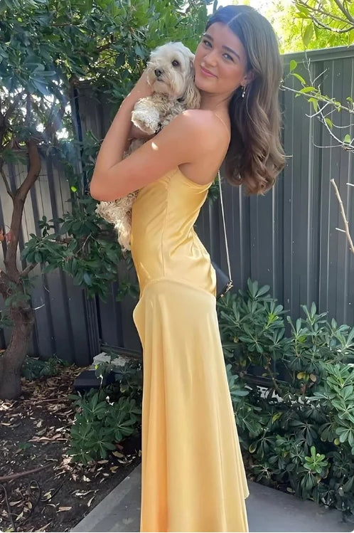 omberprom Elegant Yellow Mermaid Spaghetti Straps Long Prom Dress Simple Evening Party Dress Formal Dress With Slit
