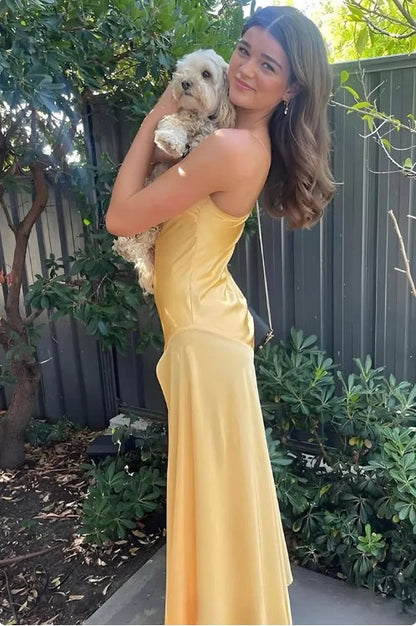 omberprom Elegant Yellow Mermaid Spaghetti Straps Long Prom Dress Simple Evening Party Dress Formal Dress With Slit