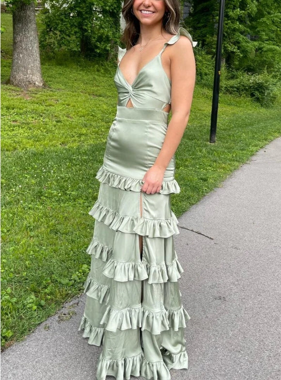 Sage A-Line Ruffles Tiered A-Line Satin Long Prom Dress Sexy Party Dress Formal Dress Wholesale